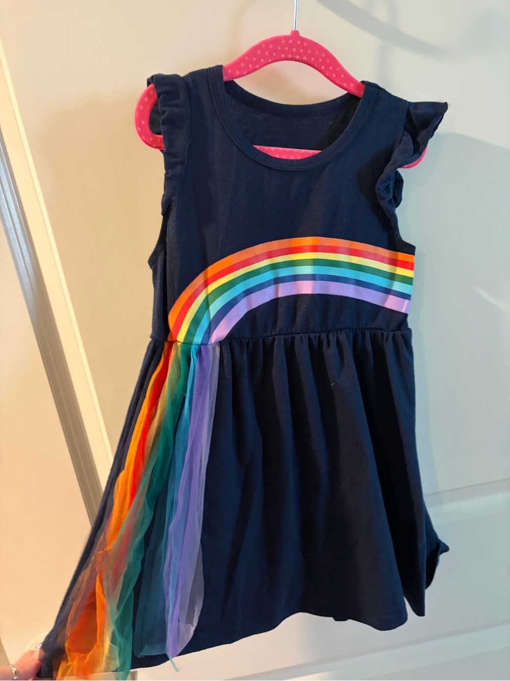 Navy Rainbow Tulle-Trim Kids Dress